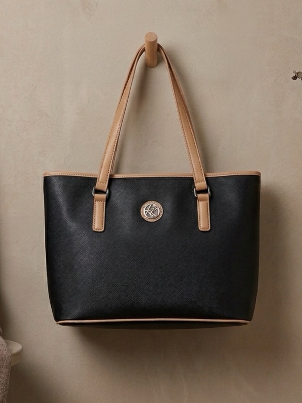 Kim Rogers Black Handbag Tote with Tan Trim